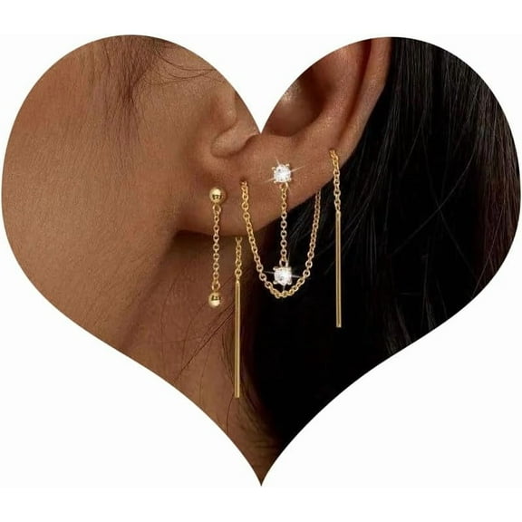 Gold Earrings Women 3 14k Gold Earrings Piercing Earrings Gold Earring Hypoallergenic Earrings Gold Jewelry Chain for Pairs Plated Chain Dangle Set for Multiple Dainty CZ Threader Stacks Set[z409]