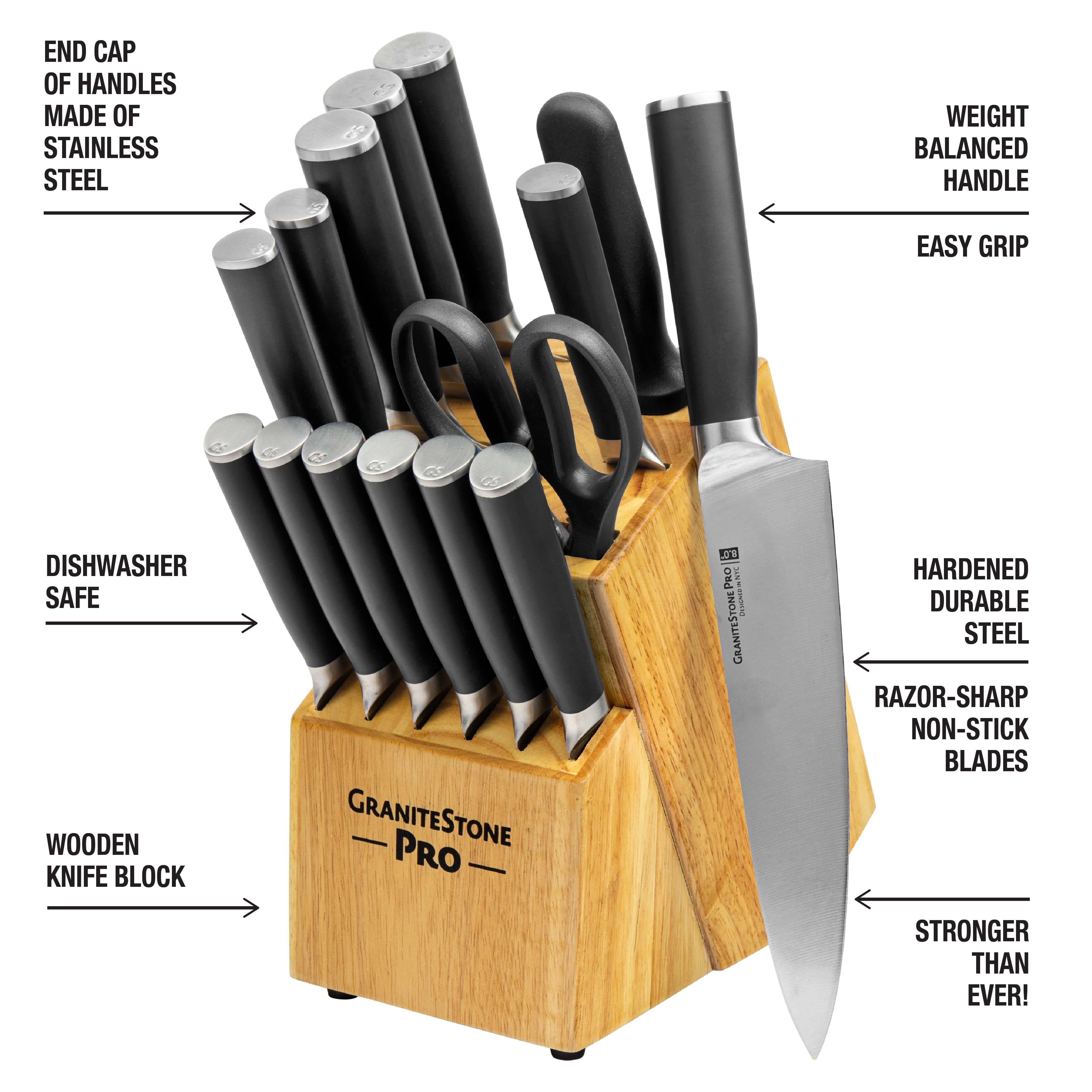 Granitestone Pro Black Knife Set 15 Piece with Block Premier Chef Knife Set with Block