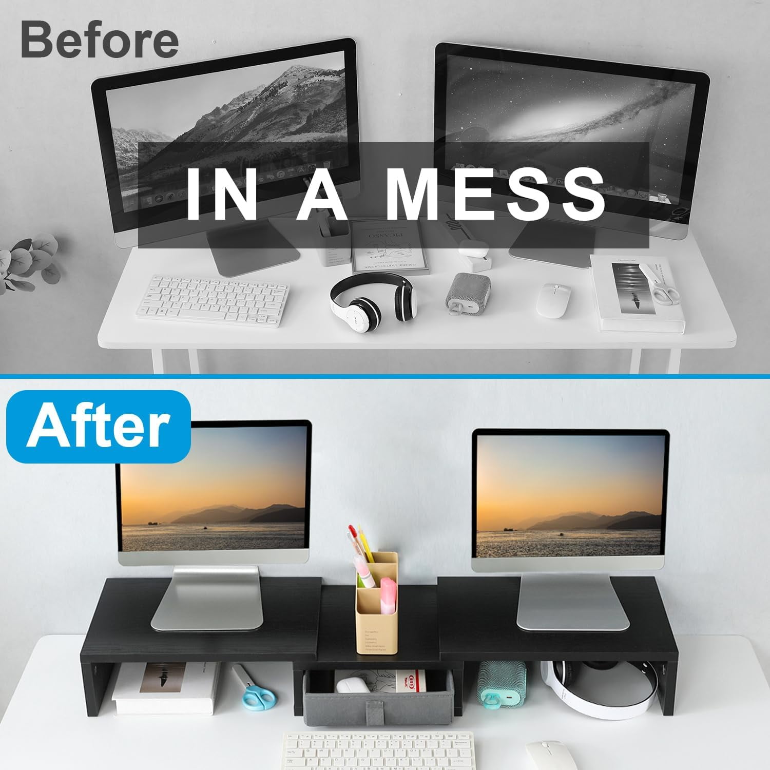 Dual Monitor Stand Riser with Drawer - Length and Angle Adjustable Double Monitor Riser Corner Desk Shelf Organizer 37 inch Long Monitor Riser for 2 Monitors/Laptop/PC/Screen/TV