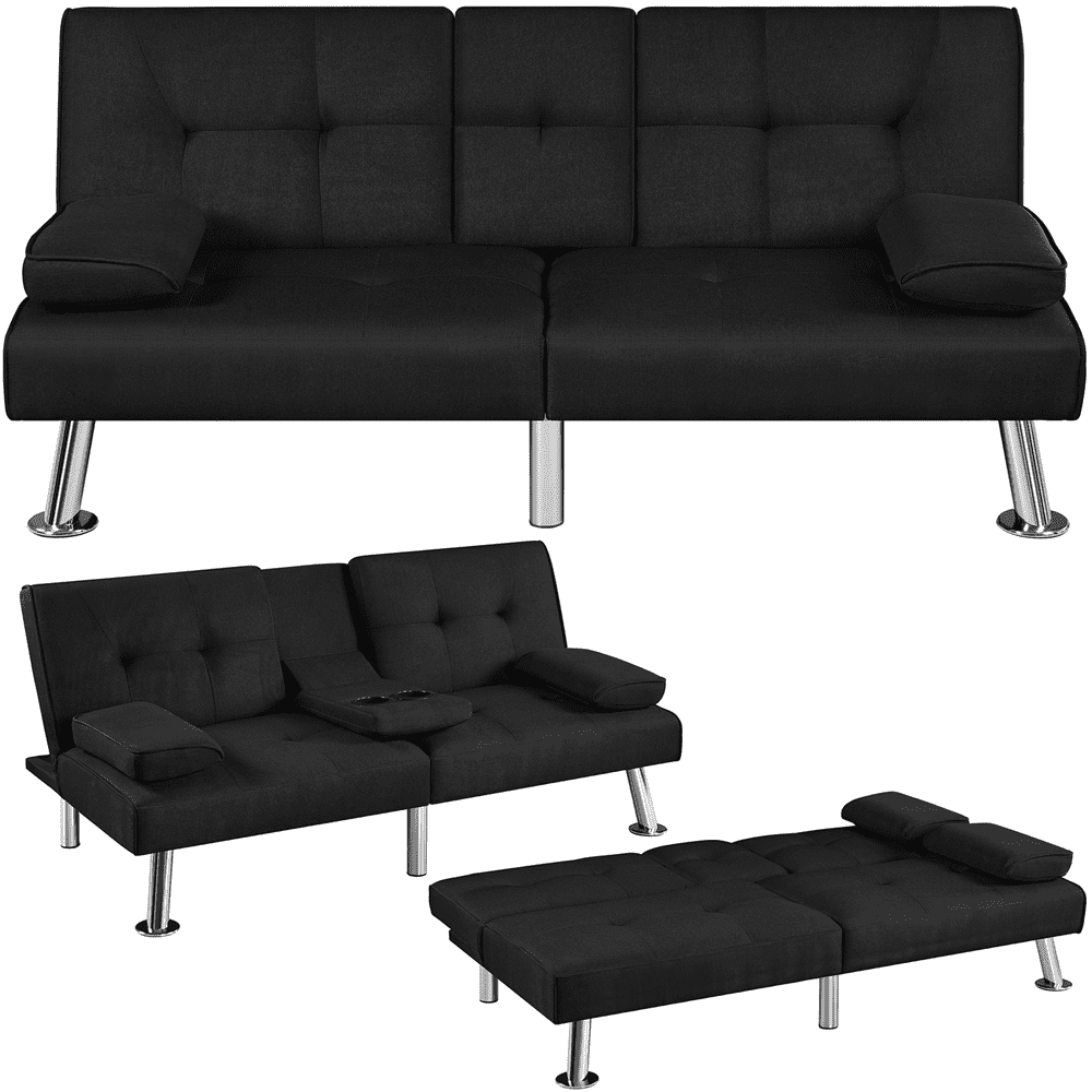 Renwick Fabric Upholstered Convertible Futon Sofa Bed with Cup Holders and Pillows, Black