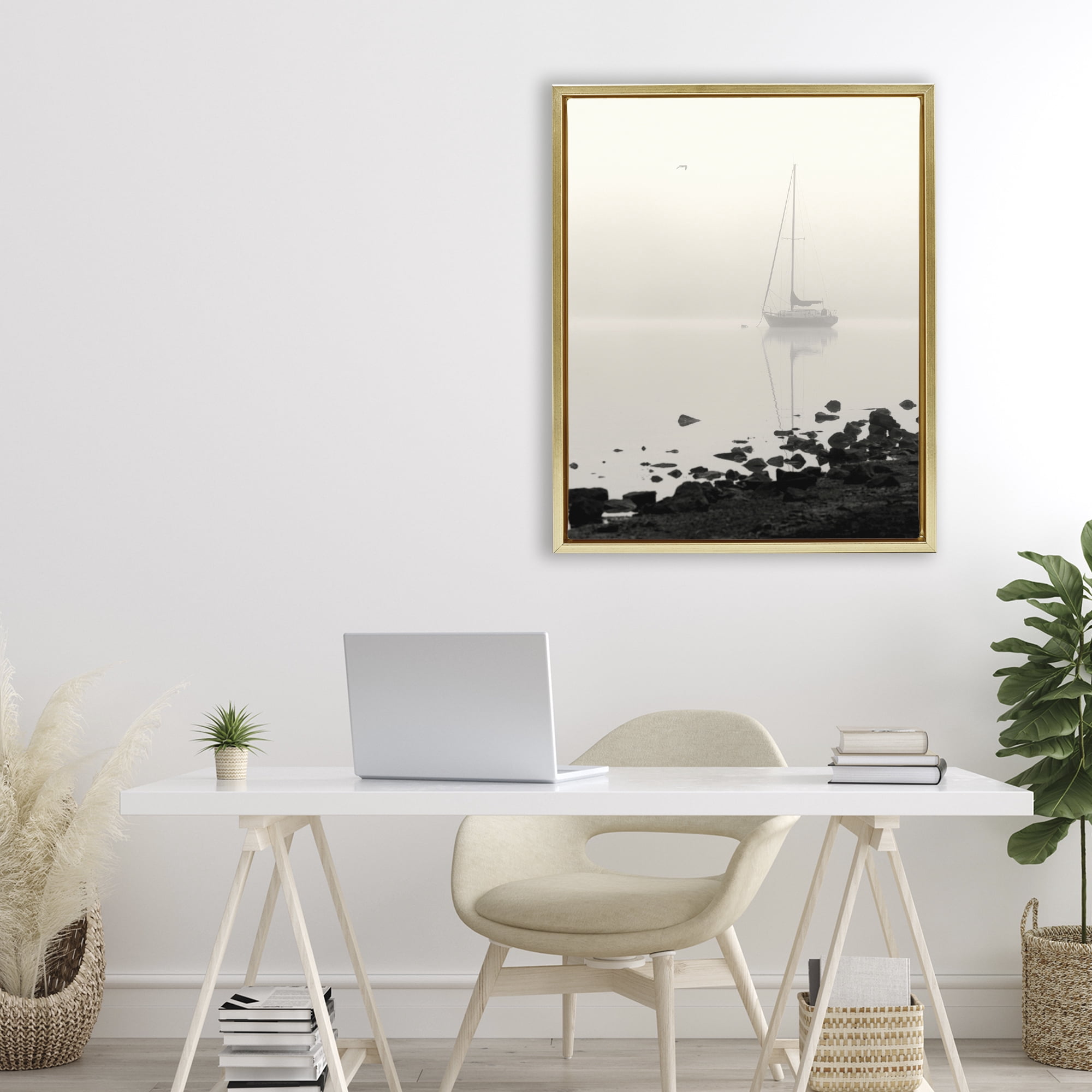 Stupell Industries Moored In Fog Gold Framed Floater Canvas Wall Art, design by Nicholas Bell