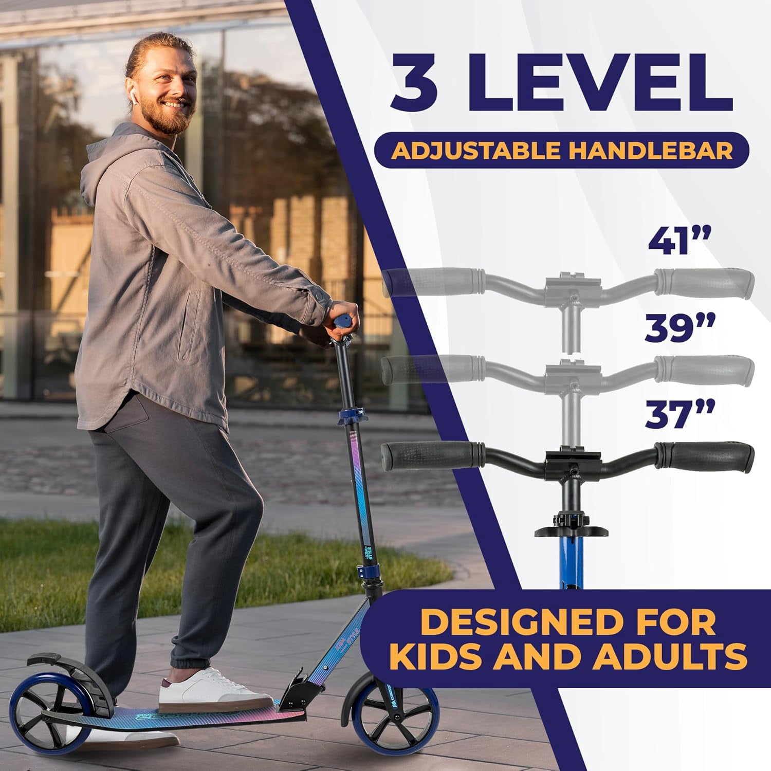 Outdoor Cruiser Kick Scooter for Ages 6+, for Kids, Teens, and Adults, Max Load 250 LBS, Foldable, 8-inch Wheels for Kids and Adults, Dual Suspension, 3 Adjustable Levels, Child Safety Approved, Blue