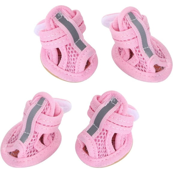 Dog Mesh Sandals- 4pcs Summer Dog Boots, Breathable Dog Shoes, Anti- Slip Dog Sneakers, Pasted Dog Sandals, Creative Pet Shoes for Dog Cat, Pink (Size 5)