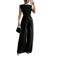 thumbnail image 5 of Stichou Womens Summer 2 Piece Outfit Set Dressy Casual Sleeveless Tank Tops Crew Neck Wide Long Leg Pants with Pockets Black S, 5 of 8