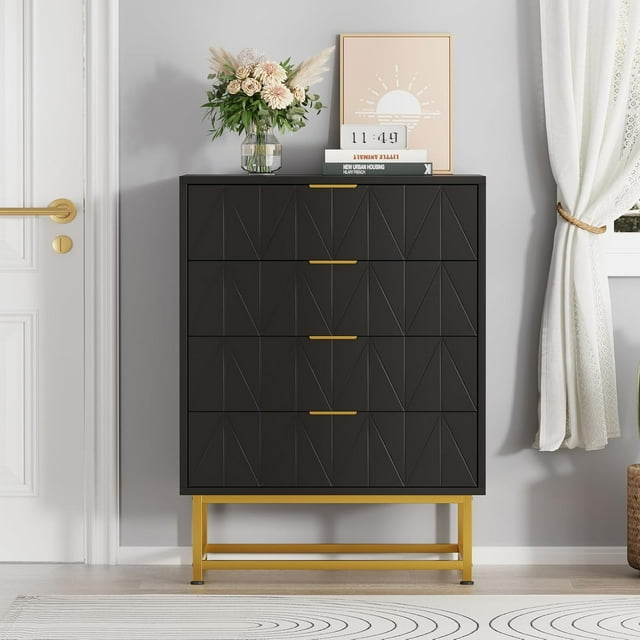 Commode à 4 Tiroirs pour Chambre, Coffre Moderne avec Poignées en Métal