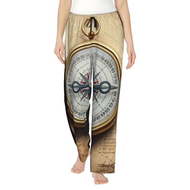 Fotbe Magnetic Old Compass On World Map Pantalones de Pijama para Mujer, Pantalones de Dormir, Pantalones Pj con Cordón y Bolsillos-Large