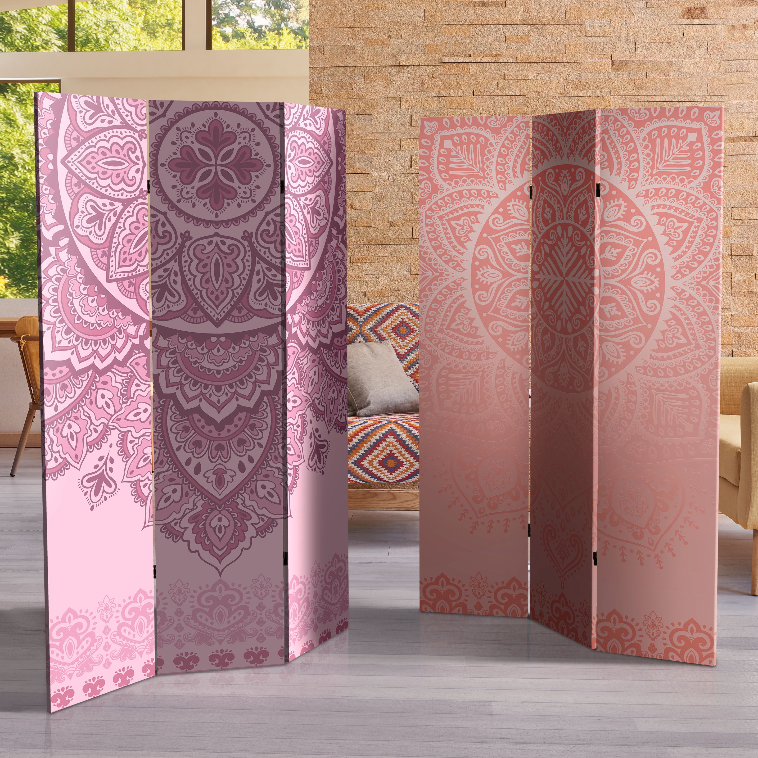 Red Lantern 6 ft. Tall Double Sided Pink Mandalas Freestanding Canvas Room Divider