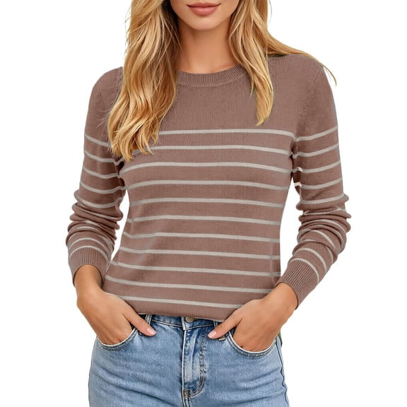 Women's Pullover Sweater Striped Crewneck Knit Fall Winter Slim Fit Lightweight Tops Loose Casual Sweaters
