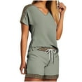 thumbnail image 2 of Cagogo Women's 2 Piece Shorts Set Casual Summer Cruise Outfits Loose V Neck Short Sleeve Tee Elastic Waist Comfy Pants Matching Lounge Sets Airport Travel Clothes, Green M, 2 of 5