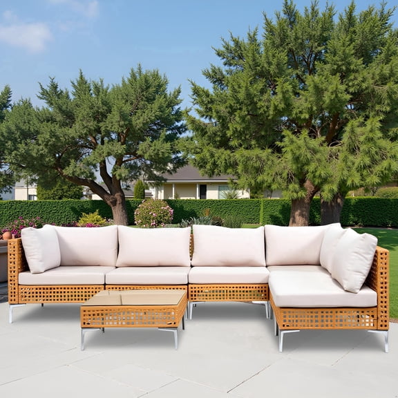 Hoffeorrad 7-Piece Patio Furniture Set, All-Weather PE Rattan Outdoor Sectional Sofa with Conversation Set for Backyard, Garden, Deck