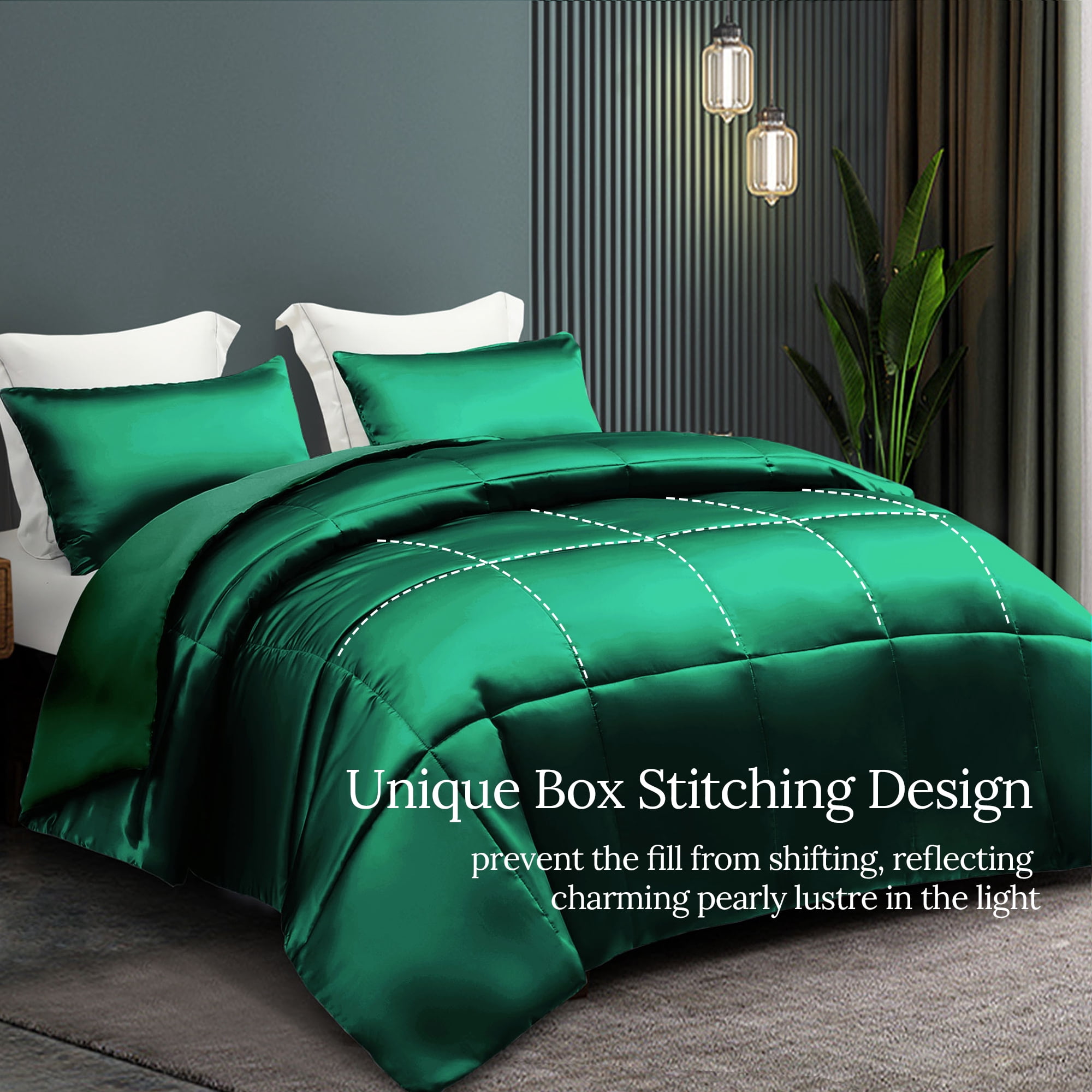 Whale Flotilla 3-Piece Reversible Silky Satin King Size Comforter Bedding Set, Lightweight Luxury Comforters with 2 Pillowcases All-Season, Deep Green