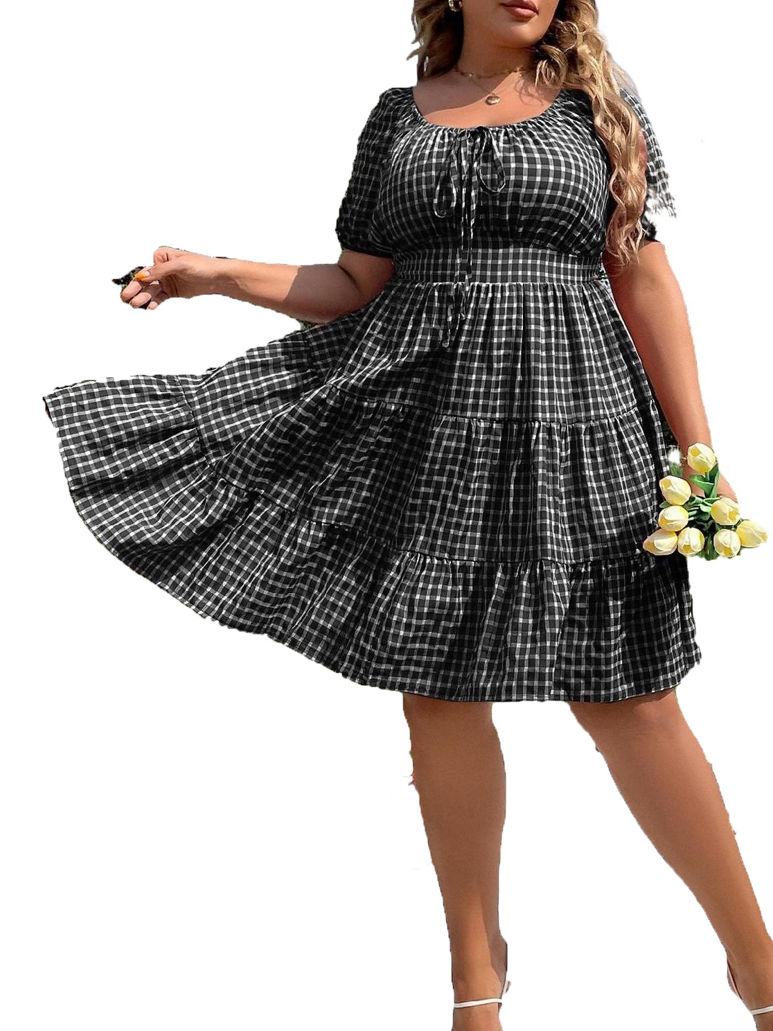 Casual Gingham Scoop Neck A Line Dress Short Sleeve Black Plus Size