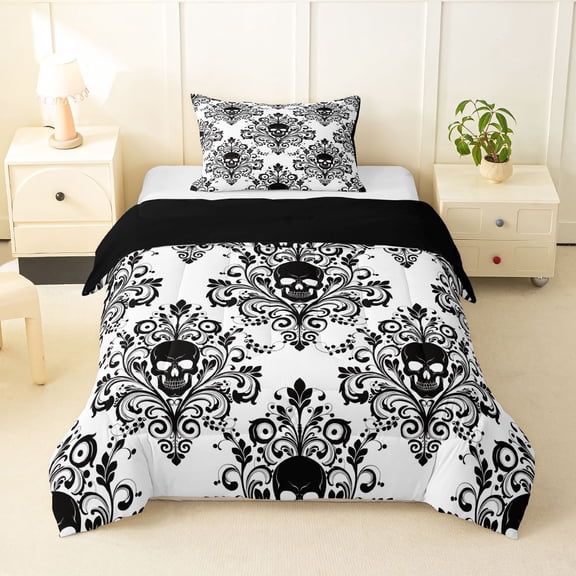 Homewish Goth Halloween Skull Twin Comforter Sets,Victorian Damask Bedding Set,Black White,Black Reversible,2 Pieces,1 Comforter and 1 Pillowcase