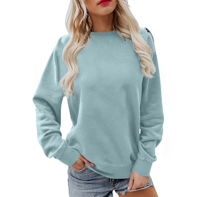 Enjoytime Hauts Tendance pour Femmes Couleur Unie Col Rond Manches Longues Blouse Ample Décontractée Automne Hiver Mode Chemises Bleu Clair m