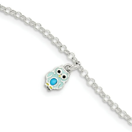Sterling Silver 6in Polished Childrens Enameled Owl Bracelet
