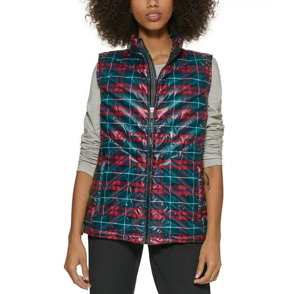 Bass Trooper Plaid Down Fill Packable Insulated Vest Jacket Size S Green Red