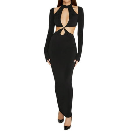 

JINSIJU Women Cut Out Dress Long Sleeve Halter Neck Solid Color Hollow Pleated Slim Fit One Piece Skirt