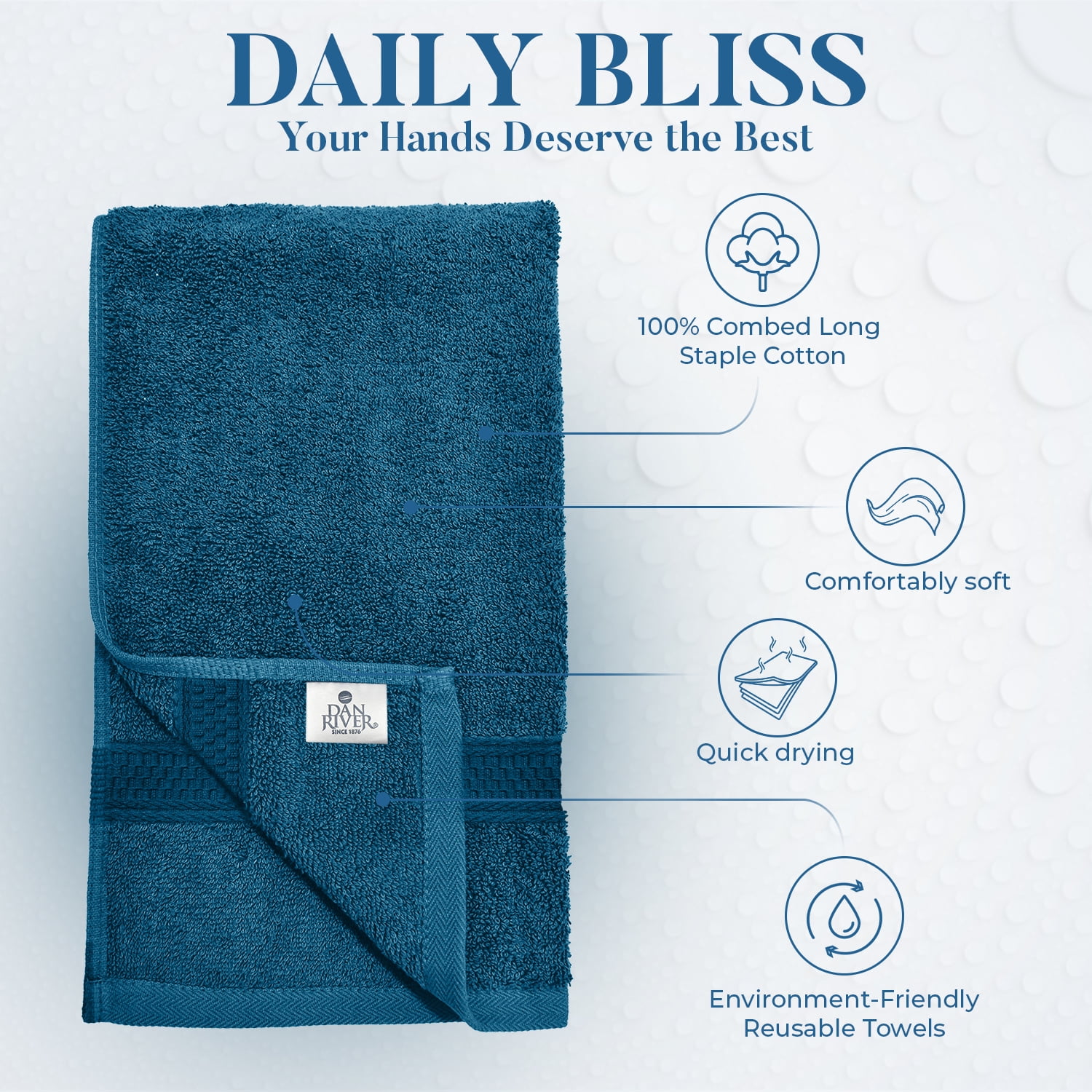 Dan River Hand Towel pack of 6 Quick Dry And Absorbent Cotton Towels for Bathroom - Blue 16x28in