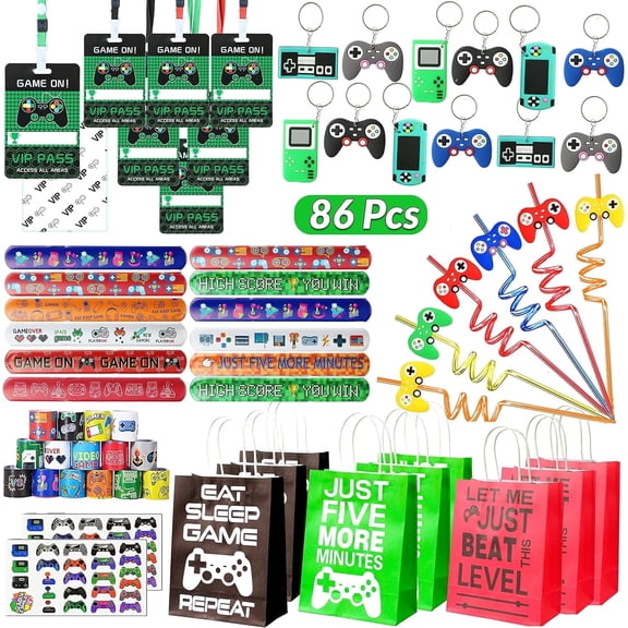 Happy Greetings 86 Pcs Video Game Party Favors for Kids, Gaming Party Favors - 12 set of Game ON Pass Keychain Wristband Treat Bags Straws, Level UP Themed Gamer Boys Birthday Goodie Bag Fillers