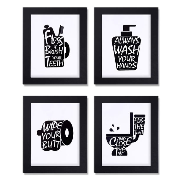 Decoración de baño, impresiones artísticas de pared con marcos de papel; divertidos letreros de pared para baño, cepillo de lavado, hilo dental, lienzo de baño en blanco y negro, póster, marcos de car