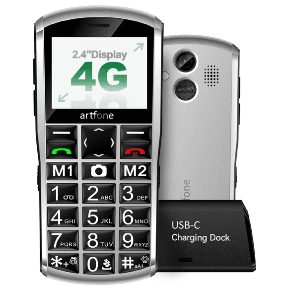 artfone A400 Silver, 4G VoLTE Large Button Cell Phone for Seniors, Unlocked Phones with SOS Button, 2MP Camera, 2.4" Display, Loud Speaker, Charging Dock, Dual SIM, Speed Dial, Hands-free, Dumb Phone