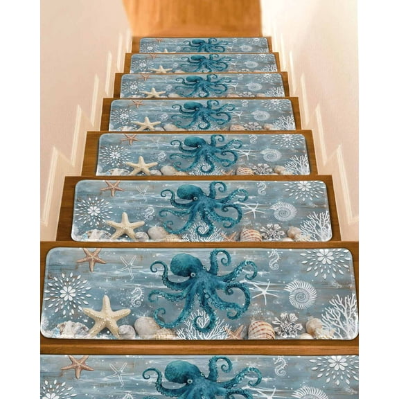 Teal Coastal Octopus Stair Treads for Wooden Steps Indoor Runner Rug Carpet, Nautical Starfish Coral Beach 10 Pieces Peel and Stick Staircase Step Treads Covers Washable Throw Door Mats, 30"x8"
