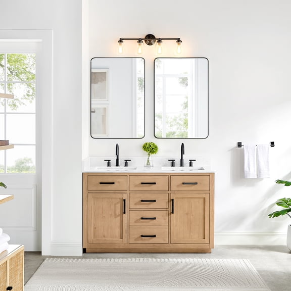 Gavino 54" Wood Vanity in Light Brown White Engineered Stone Top with Mirror