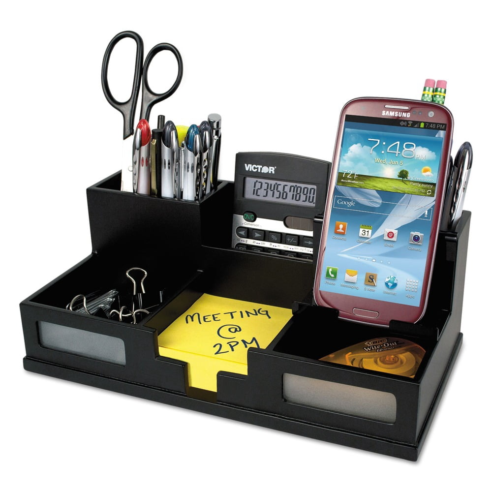 Victor 9525-5 10.5 in. x 5.5 in. x 4 in. 6 Compartments Wood Desk Organizer with Smartphone Holder - Midnight Black