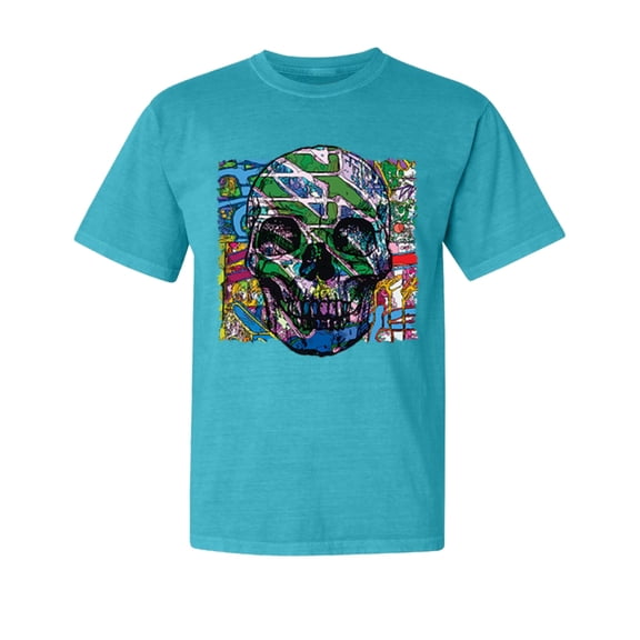 Wild Bobby, Colorful Abstract Skull Face, Animal Lover, Garment-Dyed Washed Look Short Sleeve T-Shirt, Blue Lagoon, Small