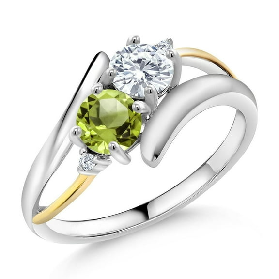 Gem Stone King 925 Silver and 10K Yellow Gold White Moissanite and Green Peridot 2-Stone Crossover Ring for Women (1.07 Cttw, Gemstone Birthstone, Size 5)