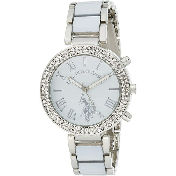 U.S. Polo Assn. Adult Female Watch in White and Silver with Round Case and Stones in the Bezel. - USC40086