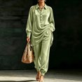 thumbnail image 2 of Szluipve 2 Piece Sets for Women Velvet 2 Piece Outfits Collared Half‑Button Lantern Long Sleeve Top Elastic Cuff Jogger Pants Set Casual Loose Matching Loungewear Suit With Pockets Green S, 2 of 6