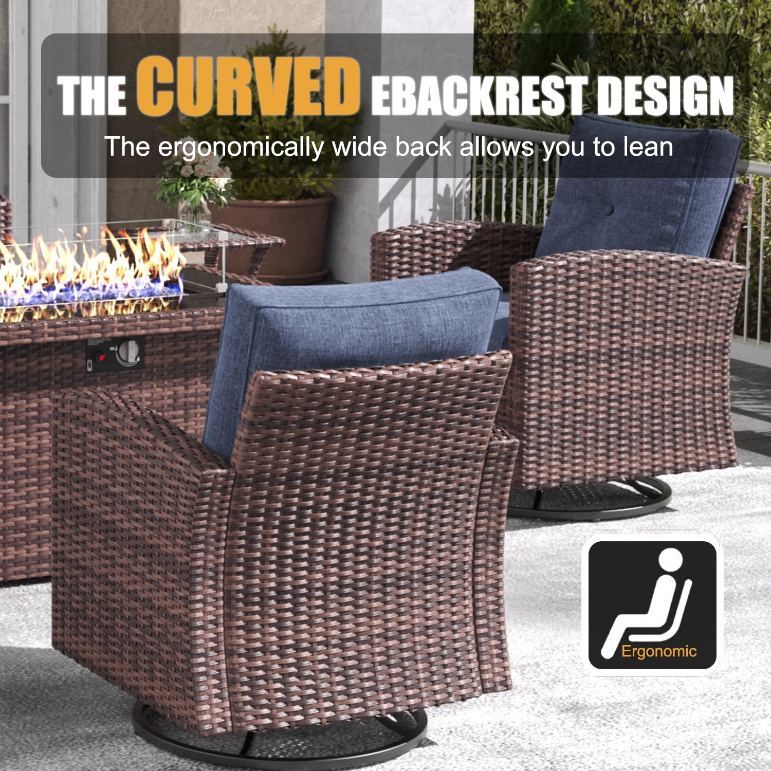 Layinsun 7 Pieces Patio Furniture Set with Swivel Chairs, Rattan Wicker Rocking Glide Chairs with 44" Propane Gas Fire Pit Table Conversation Set