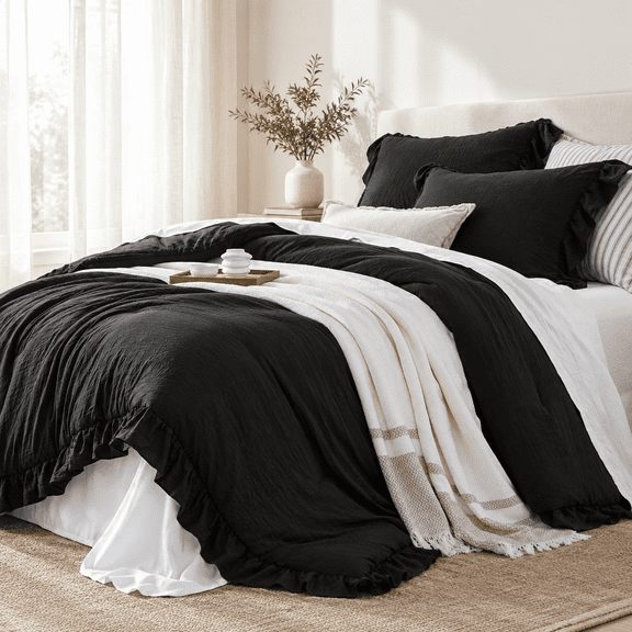 Black Ruffle 3 Piecesforter Queen Shabby Chic Bedding Set