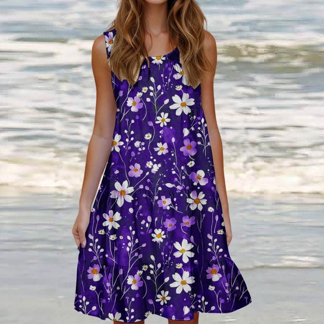 Ovzne Robes pour Femmes Robe Mode Féminine Vacances Été Couleur Unie Sans Manches Fête Plage Robe Grande Taille Robe Imprimée Liquidation