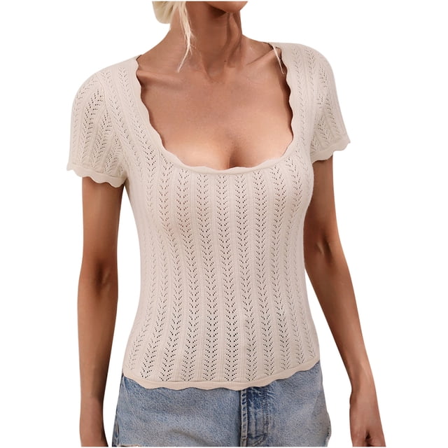 Womens Tops Dressy Casual V-Neck Short Sleeve T-Shirt Tops Ladies Summer Solid Color Knitted Sweater