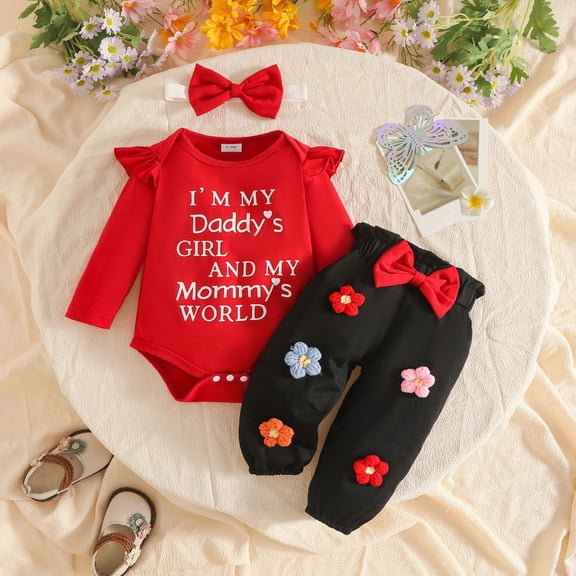 MEZZALL Girls Long Sleeve Letter O-Neck Romper Bodysuit Bowknot Floral Pants Headbands Outfit Sets Classic Clothes Sets