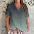 thumbnail image 2 of Dyfzdhu Linen Blouses for Women Casual Short Sleeve Vintage Gradient Print Ruffled V Neck T Shirt Lightweight Loose Fit Summer Tops Khaki, 2 of 3
