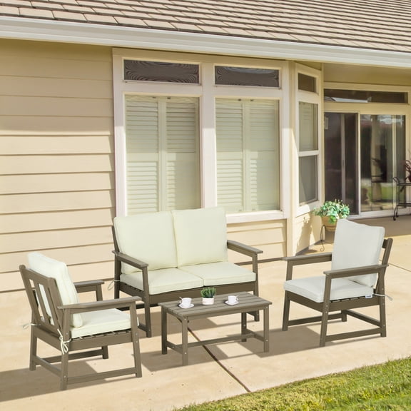 Outsunny 4 HDPE Stylish Outdoor Conversation Sets with Chair and Table,Brown/Cream White