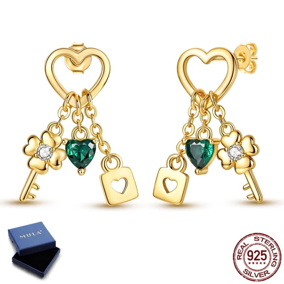 MULA 925 Sterling Silver Gold Plated Heart Lock Stud Earrings, Sparkling AAA CZ Jewelry Gifts for Her