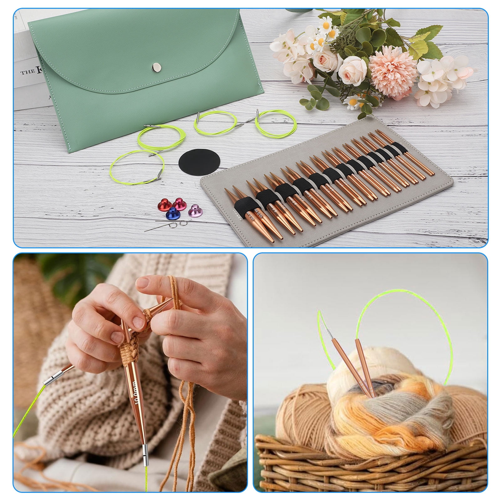 TSV 13 Pairs 3-10mm Circular Knitting Needle Set, Interchangeable Aluminum Metal Knitting Needles with PU Bag, Rose Gold