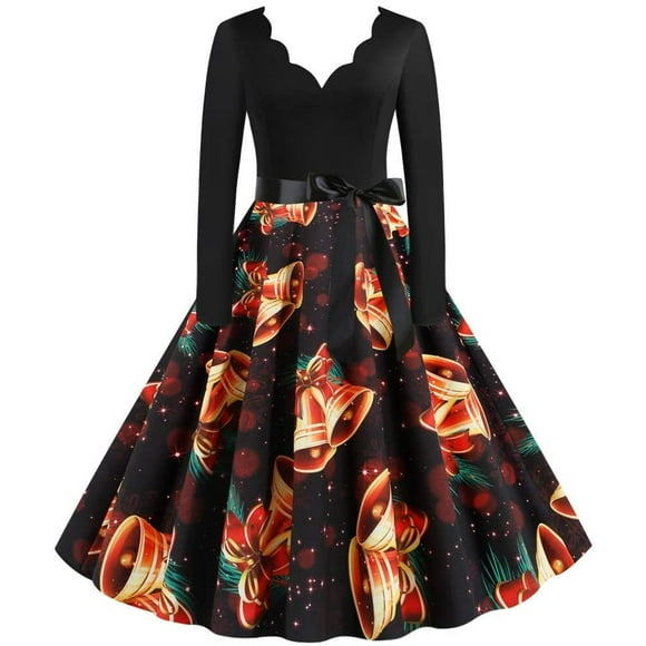 ATTOE Music Note Print Elegant Party Dresses Women 1950s 60s Retro Vintage Robe Plus Size Casual Christmas S-3XL (Color : B011, Size : Small)