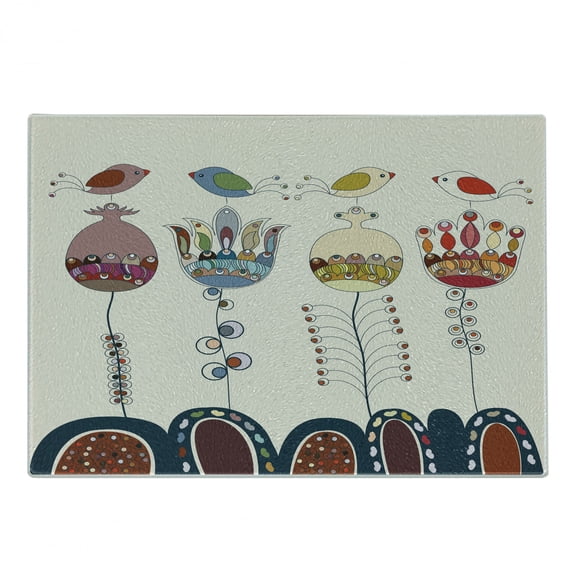 Garden Cutting Board, Cartooned Landscape with Flowers Birds and Abstract Forms Colorful, Decorative Tempered Glass Cutting and Serving Board, Small Size, Multicolor, by Ambesonne