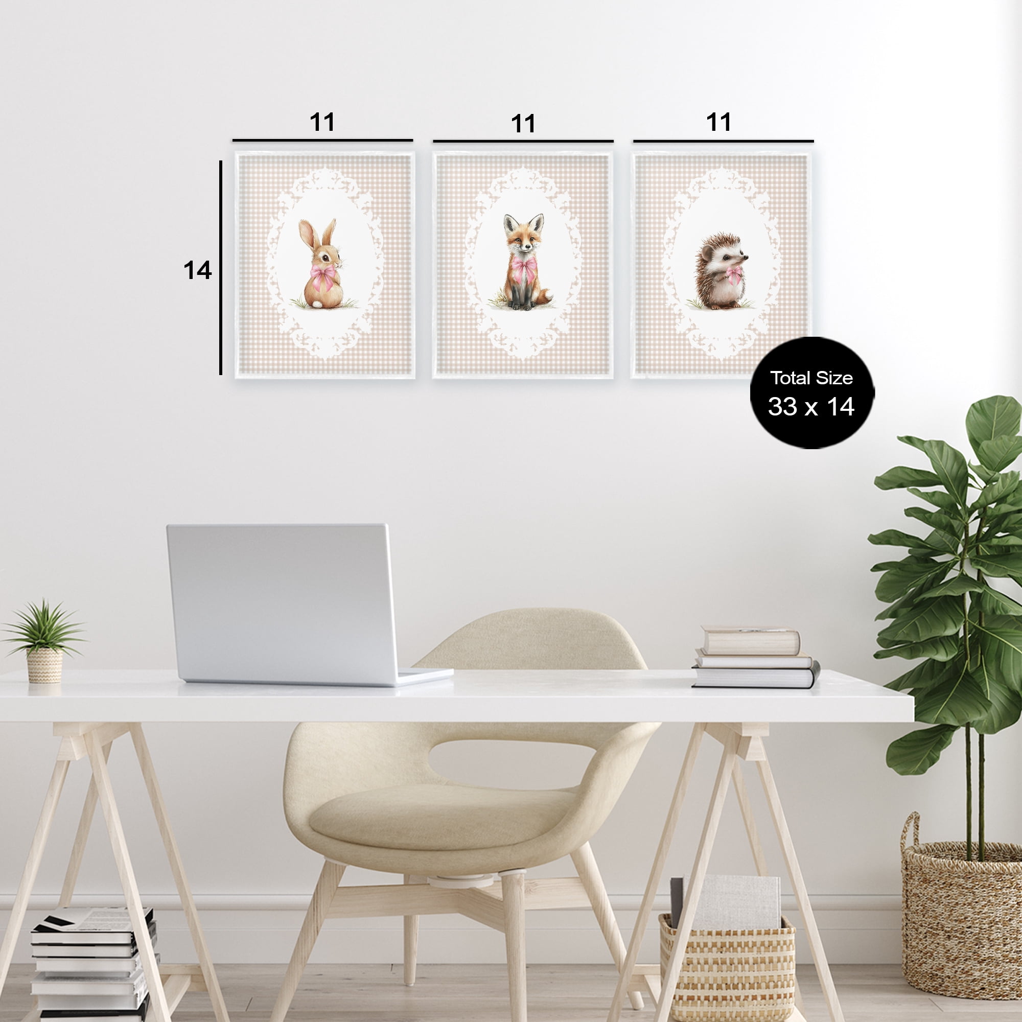 Stupell Industries Vintage Baby Bow Animals 3 Piece White Framed Giclee Art Set, design by Christine Simpson Art