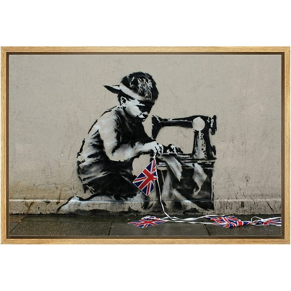 wall26 Framed Canvas Print Wall Art Banksy Kid Sews United Kingdom Flags Graffiti & Street Art Pop Culture Illustrations Pop Art Bohemian Dark for Living Room, Bedroom, Office - 24"x36"