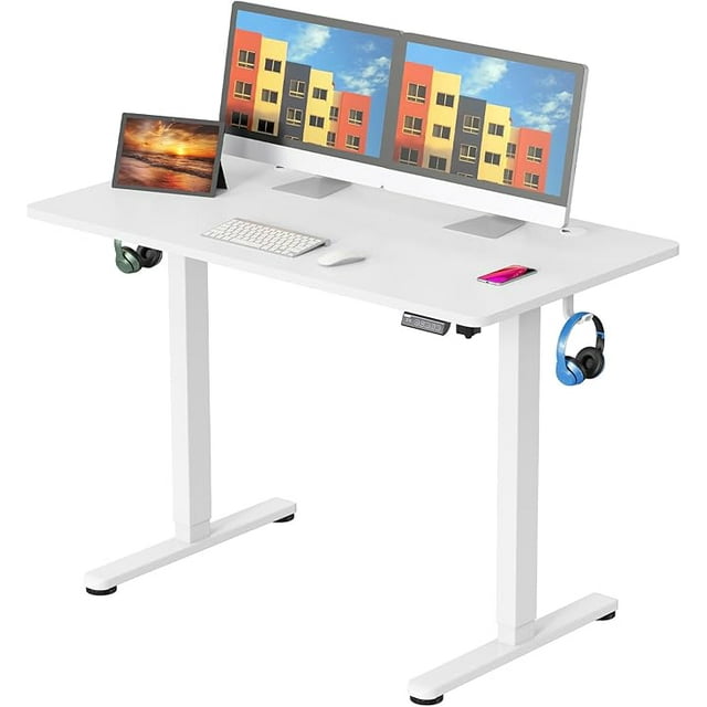 43.3 x 24 inch Electric Height Adjustable Standing Desk, Ergonomic Sit Stand Up Desk Memory Computer Home Office Desk with Whole-Piece Desktop & Frame, Side Hooks and Cable Management