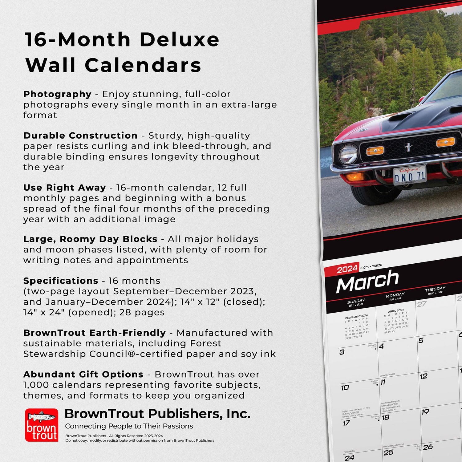 Mustang 2024 35.56x60.96 CM Mur Deluxe Calendrier, 9781975466671