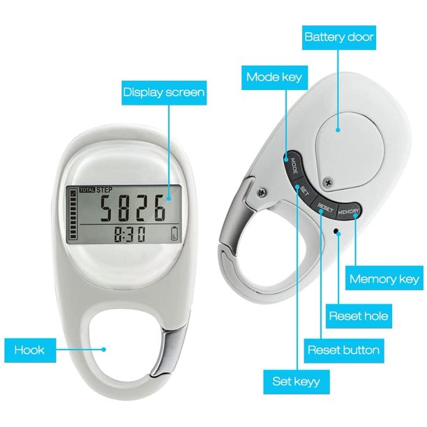 Podómetro para caminar, podómetro 3D con clip, contador de pasos con mosquetón, memoria de 7 días, podómetro desconectado para caminar, correr, rastreador de actividad física (blanco, 76,5*40,5*11 mm) LingWen 8390605165283