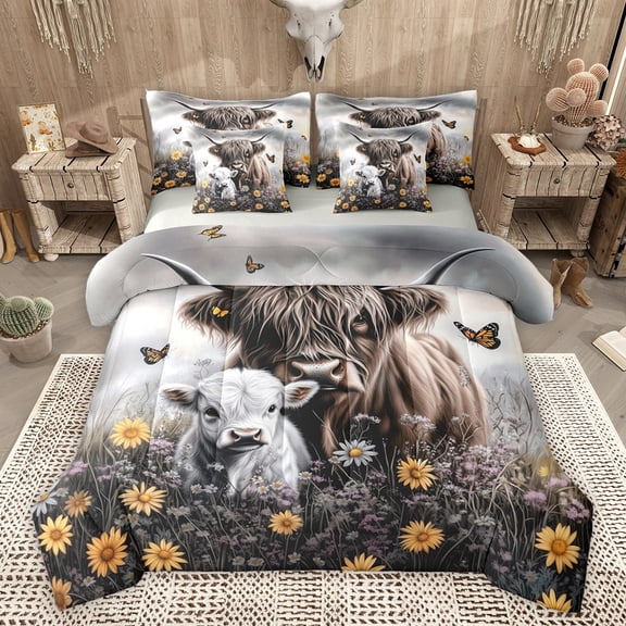 Castle Fairy Highland Cow Twin Bedding Sets 7-Piece for Boys Girls,Rustic Farmhouse Animal Bedding Comforter Set Microfiber,Floral Flowers Butterflies Breathable Sheet Sets,Breathable Home Decor
