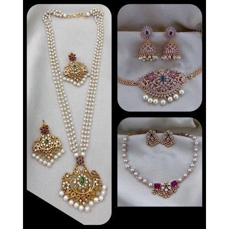 Indian 22k Gold Plated Necklace Jhumka Earring Choker Fashion Long Jewelry Set of 3 Combo